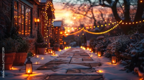 Fairy lights glow, creating a magical winter wonderland atmosphere