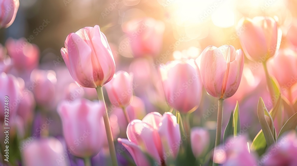 Pink Tulips Field With Sun Background