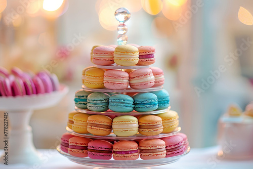 Colorful macaron tower on display with a variety of flavors and festive backdrop
