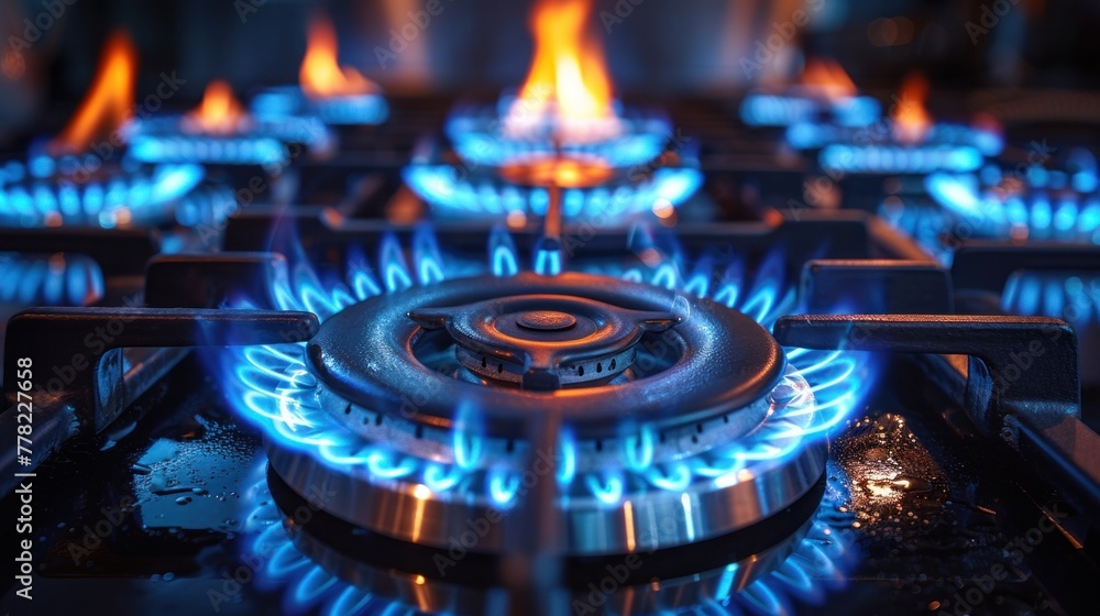 The bright blue gas flame burns brightly, focusing on the front of the stove The bright blue gas flame burns brightly, focusing on the front of the stove
