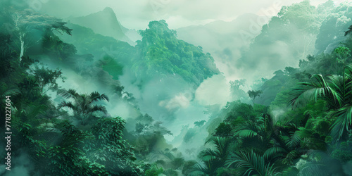 The jungle scenery, shrouded in fog, in a style that merges detailed rendering, nature painter, and nature-based patterns.