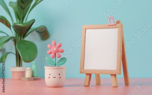 Wooden frame with place for text with succulent in ceramic pot. Modern style room interior