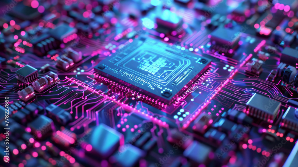 An unfinished cpu chip in a style that merges shallow depth of field, holography, and striped elements. An unfinished cpu chip in a style that merges shallow depth of field, holography, and striped elements.