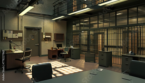 Crime Drama Police Precinct: A police precinct set with interrogation rooms, holding cells, and detective desks for crime drama series.