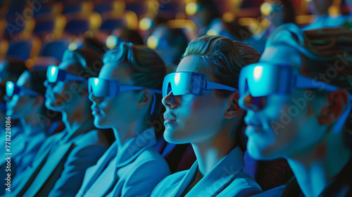 People in an auditorium wearing blue 3d glasses are portrayed in a style that merges surreal fashion photography, repetitive elements, and feminine aesthetics.