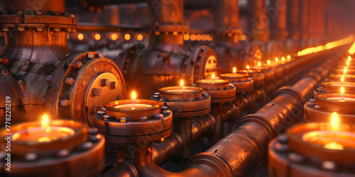 Industrial pipelines and pipes lined up with candles are portrayed in a style that merges realistic scenery  science academia  and orange and brown tones.