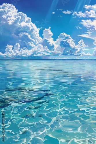 A Painting of a Blue Ocean and Clouds in the Sky