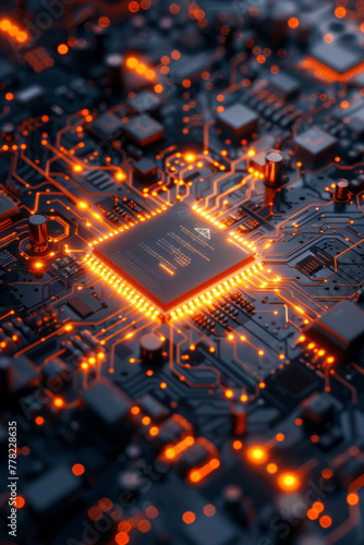 A chip on a circuit board in the middle in a style that includes social network analysis, lens flare, and modern elements.