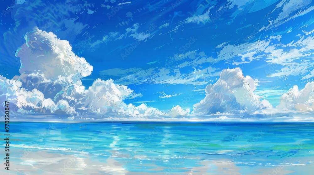 A Painting of the Ocean With Clouds in the Sky