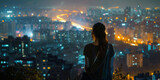A woman looking at a city at night, humanistic empathy, and realistic yet romantic elements.