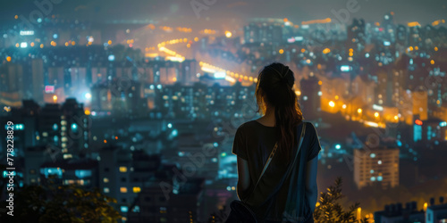 A woman looking at a city at night, humanistic empathy, and realistic yet romantic elements. photo