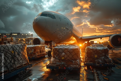 A cargo plane loading and unloading goods at a busy international airport photo