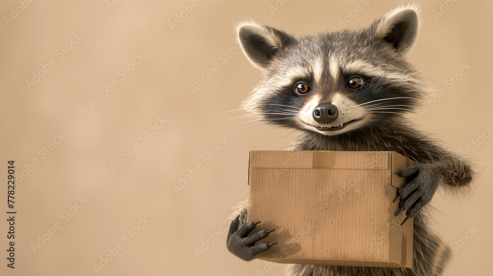 Energetic Raccoon Courier, a picture of an animated raccoon in a courier outfit, displaying enthusiasm while holding a delivery package