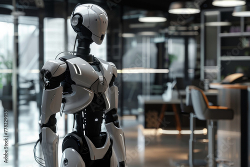 A futuristic industrial robot in an office