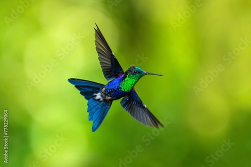 Green Crowned Woodnymph - Thalurania colombica hummingbird family Trochilidae, found in Belize and Guatemala to Peru, blue and green shiny bird flying on the colorful flowers background. 