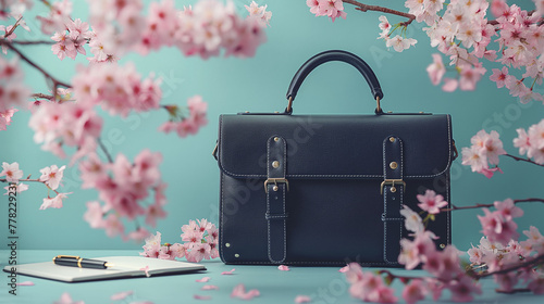 桜とビジネスバッグ