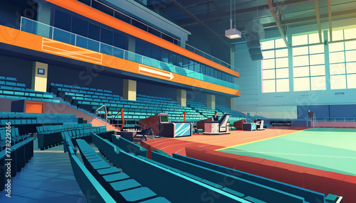 Competitive Sports Arena  A sports arena set with bleachers  sports equipment  and commentator booths for sports competitions