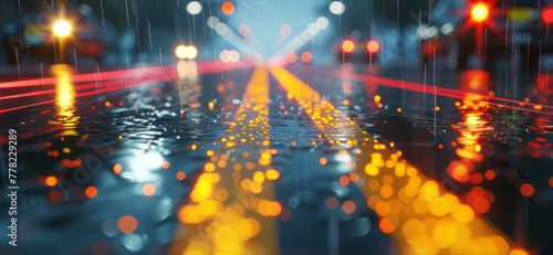 A wet road in gloomy weather with bright lights is portrayed in a style that includes atmospheric elements.