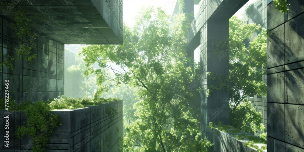 Fototapeta premium Buildings with windows through a green tree are portrayed in a style that merges futuristic abstracts, polished concrete, atmospheric environments, dramatic diagonals, grandiose ruins