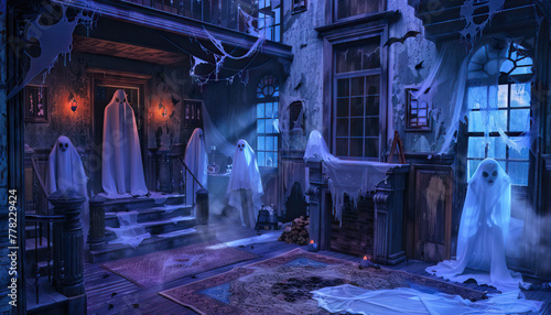 Paranormal Investigation Haunted House: A haunted house set with spooky decorations, hidden passages, and ghostly apparitions for paranormal investigation shows photo