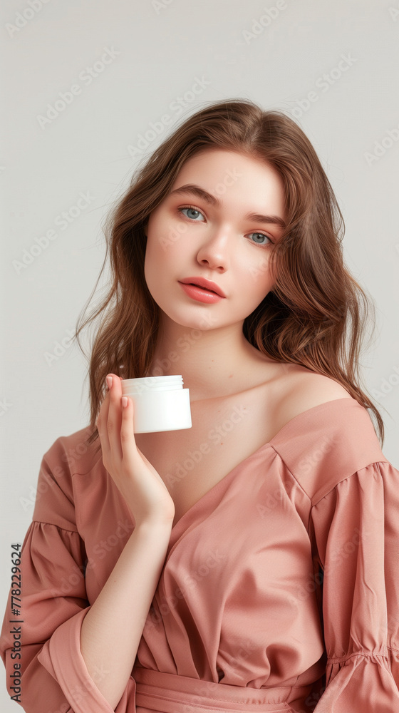 Glamorous Display, Cream Jar Mockup Held by Young Woman Model in Beauty Portrait on White Background, Accentuated by Colored Dress Glamorous Display, Cream Jar Mockup Held by Young Woman Model in Beauty Portrait on White Background, Accentuated by Colored Dress