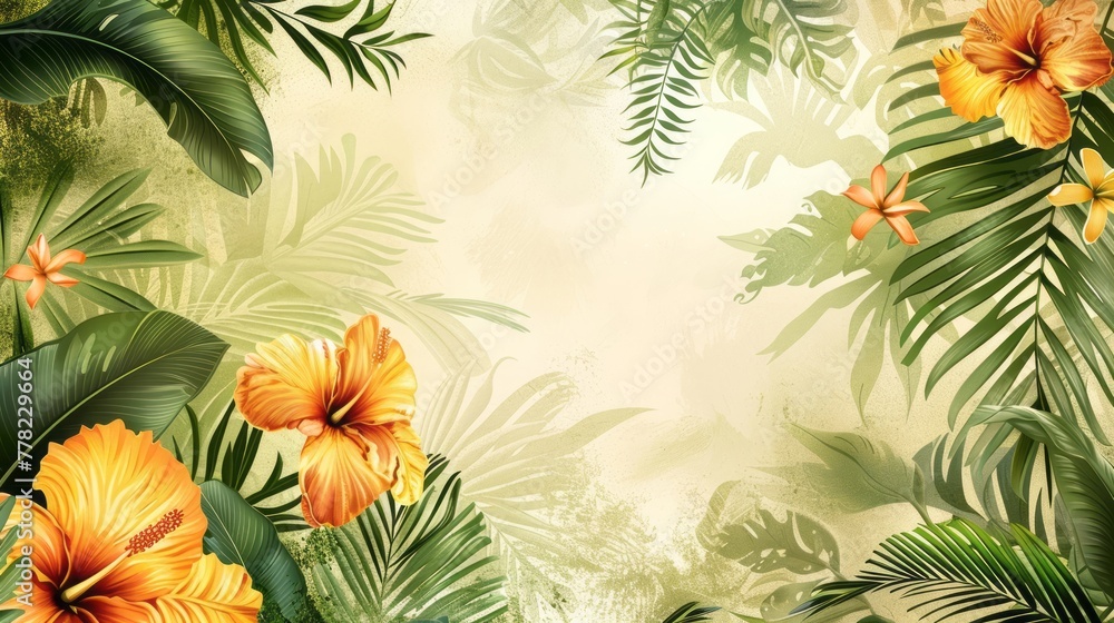 A tropical and floral background with tropical flowers in a style that merges unique framing and composition, realistic scenery, kitsch and camp charm, and colorful elements. A tropical and floral background with tropical flowers in a style that merges unique framing and composition, realistic scenery, kitsch and camp charm, and colorful elements.