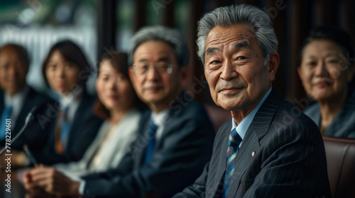 A group of people that look as though they are in a meeting in a style that includes Japanese inspiration and soft-focus portraits.