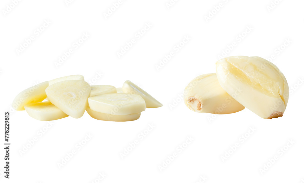 Front view set of fresh pounded garlic cloves with slices or pieces in stack isolated with clipping path in png format Front view set of fresh pounded garlic cloves with slices or pieces in stack isolated with clipping path in png format