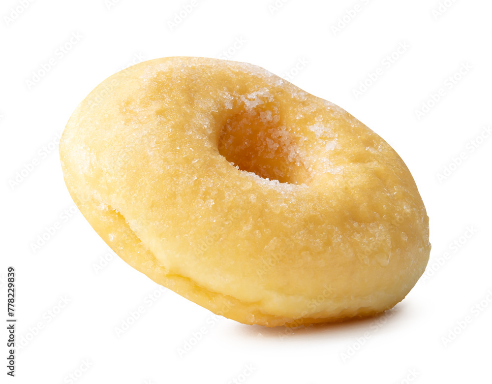 Side view of single sugar glazed cinnamon donut isolated on white background with clipping path