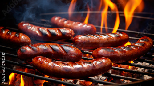 Juicy sausages char-grilling to perfection, with smoke rising against the backdrop of leaping flames, capturing the essence of a summer barbecue.