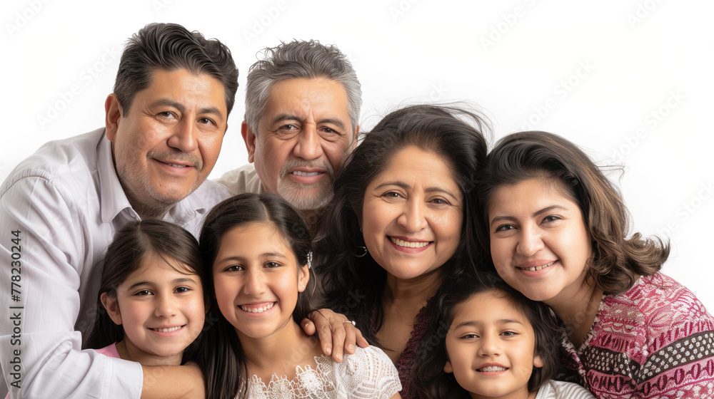 Heartwarming Hispanic Family Portrait, Smiling and Posing Together Against Clean White Background