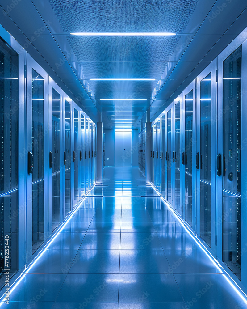 Fototapeta premium Data center powered by renewable energy, rows of servers, cool blue light, front view, modern
