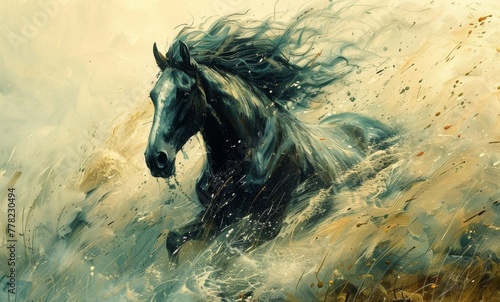 Background with abstract composition. Golden brushstrokes. Textured background. Oil on canvas. Modern art. Horses, green, gray, wallpapers, posters, cards, murals, carpets, hangings, prints. © DZMITRY