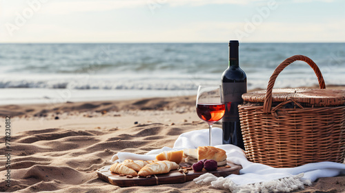Blanket with picnic basket bottle of wine and glass