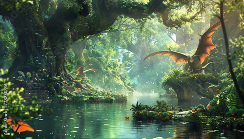 Fototapeta Naklejka Na Ścianę i Meble -  Fantasy Mythical Creature Sanctuary: A mythical creature sanctuary set with magical creatures, enchanted forests, and mystical encounters for fantasy creature shows