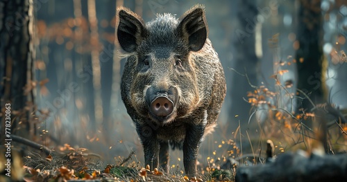 Zoomed Effect on boar in forest, rangefinder Vision, photorealistic © Frin