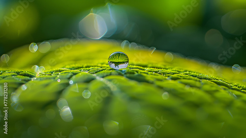 A powerful close-up macro photograph of a lone water droplet precariously balanced on a vivid green leaf