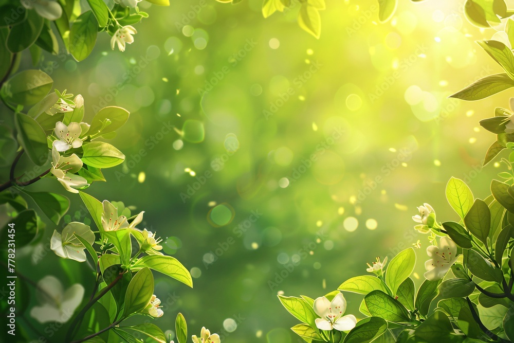 Summer background from green leaves and sun rays with copy space
