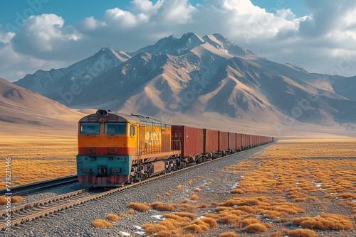 A cargo train traversing a barren, sun-scorched desert landscape, the train's long chain of containers casting elongated shadows, while a distant mountain range looms on the horizon