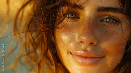 Sunny positive beautiful young girl with green eyes and red hair and freckles and sunlight on her face is enjoying the moment. Natural woman beauty concept. Selective focus 