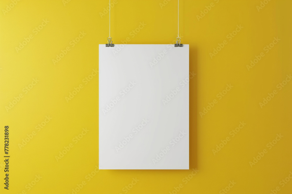 A white blank canvas hanging on a clean yellow color wall A white blank canvas hanging on a clean yellow color wall