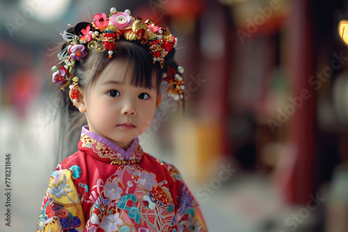Adorable little Chinese child poses with a captivating smile, exuding innocence and cultural charm