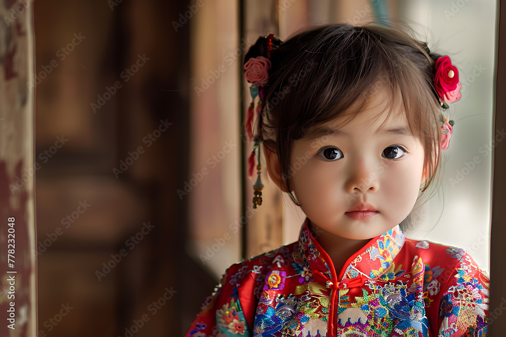Adorable little Chinese child poses with a captivating smile, exuding innocence and cultural charm Adorable little Chinese child poses with a captivating smile, exuding innocence and cultural charm