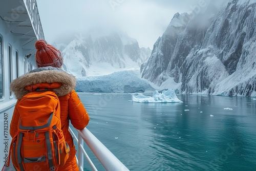 A cruise ship passenger enjoying a view of glaciers and icebergs in a polar region photo