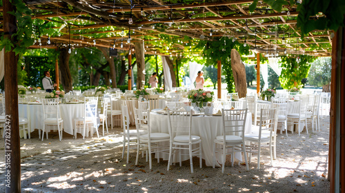 A wedding with white chairs and tables under trees