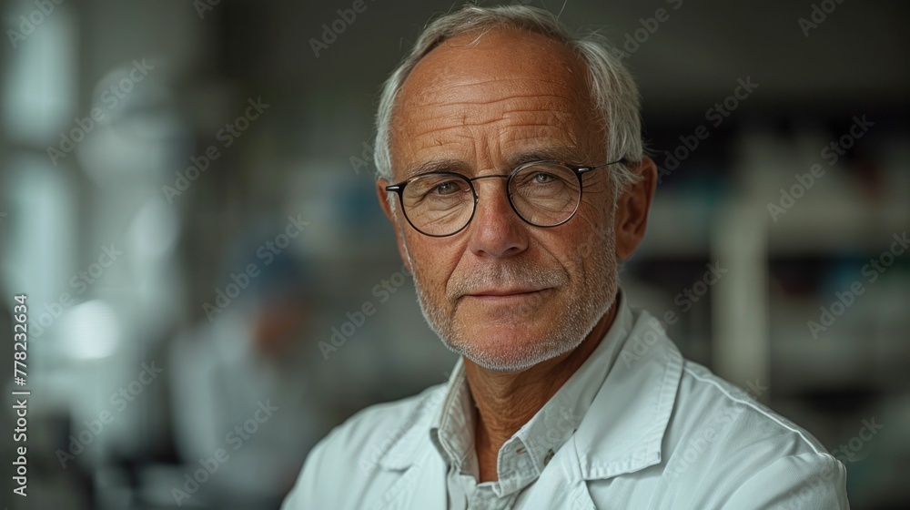 Fototapeta premium Senior scientist in laboratory conducting experiments and analyzing results while looking at camera