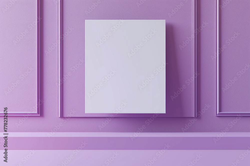 a white blank canvas hanging on a clean purple color wall a white blank canvas hanging on a clean purple color wall