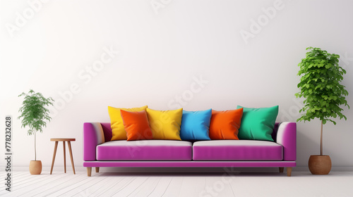 Modern Living Room with Purple Sofa and Multicolored Cushions