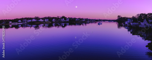 Moonrise Panorama Seascape over Onset Beach Harbor Village in Wareham, Massachusetts, USA