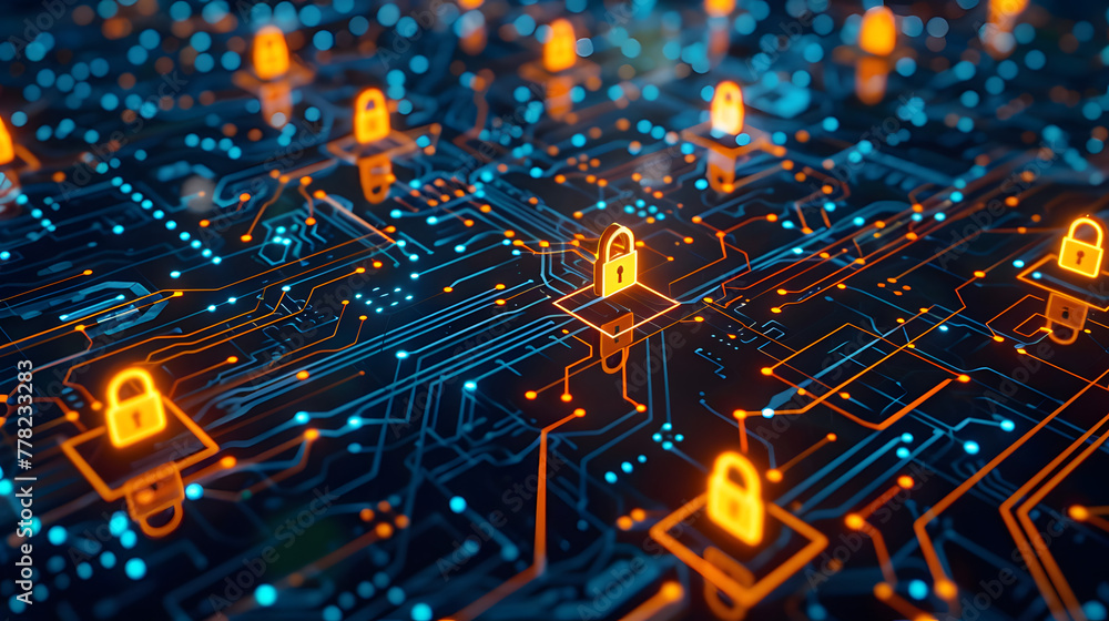 Abstract digital security network with glowing padlock icons on circuit board background